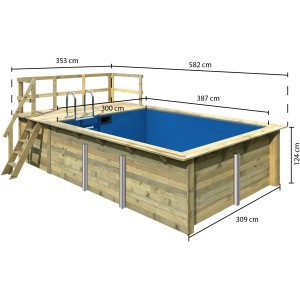 Karibu Holzpool Gr. 2 mit Terrasse und blauer Innenhülle, inklusive Leiter und Maßangaben.