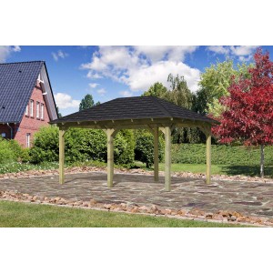 Karibu Pavillon Bever 4 Set mit schwarzen Schindeln, kesseldruckimprägniert, im Garten.
