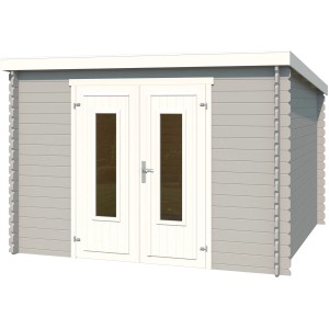 Lichtgraues Lasita Holz-Gartenhaus Sacramento mit Doppeltür und Flachdach.