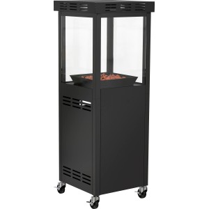 Gaskamin Ridera mit Panoramaglas und Lavasteinen, anthrazitfarbener Terrassenheizer mit Rollen.