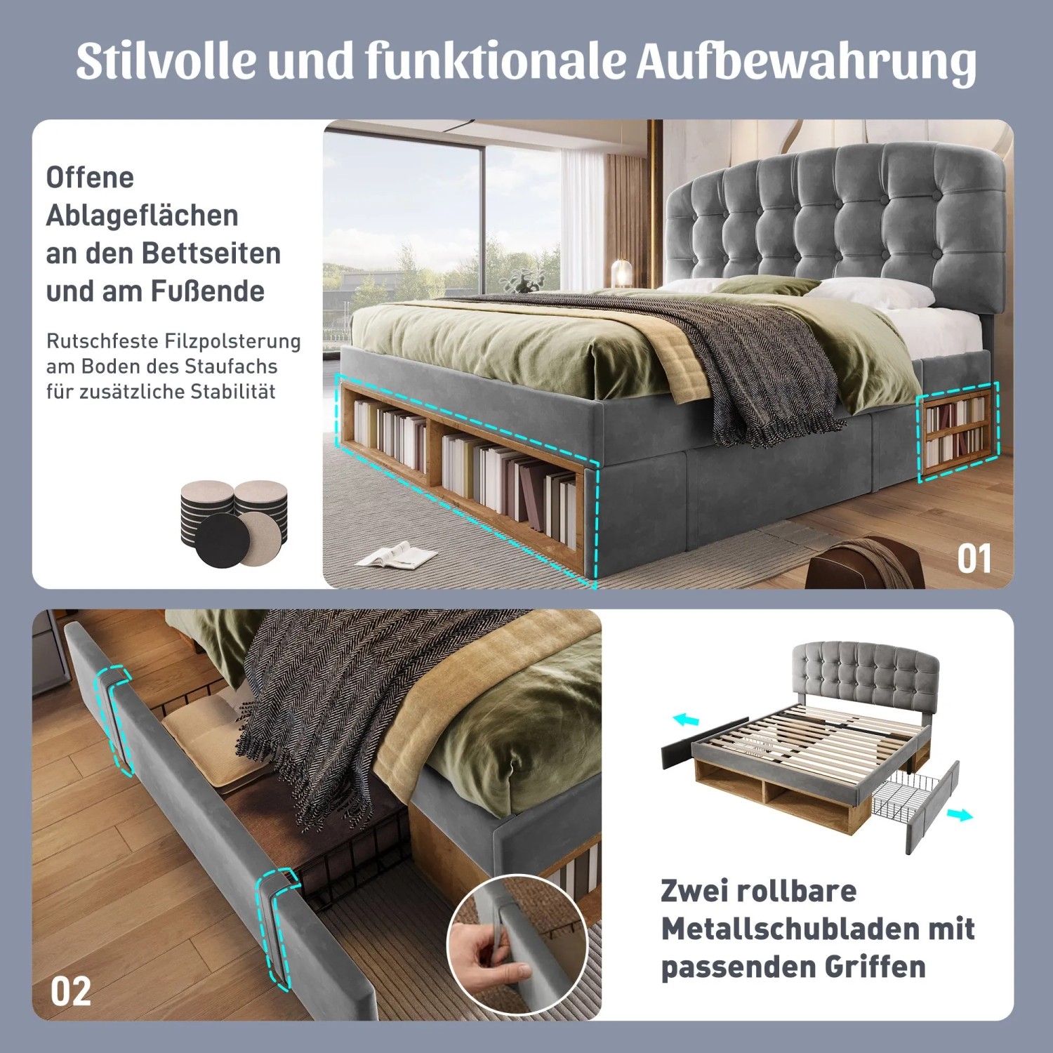 okwish Polsterbett 140x200cm mit Samtbezug Schubladen Jugendbett Grau ohne Matratze_8