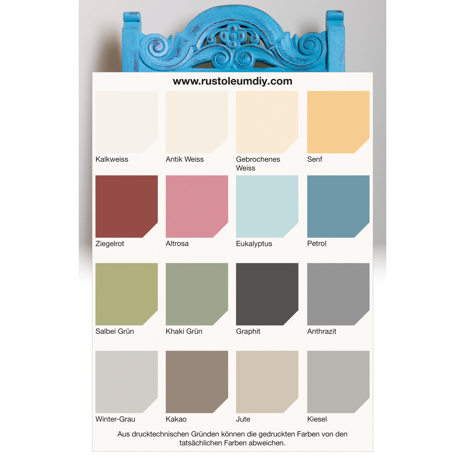 Farbmusterkarte Rust-Oleum Kreidefarbe Möbellack, verschiedene Farbtöne, darunter Salbeigrün.