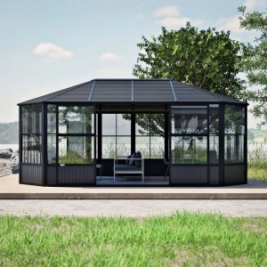 Sojag Pavillon Charleston 384x594 cm mit Stahl-Dach und Fenstern.
