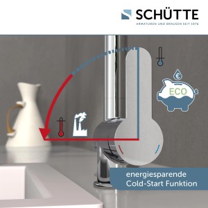 Schütte Küchenarmatur Rio Chrom, Einhebelmischer mit Cold-Start Funktion und Energiesparhinweis.
