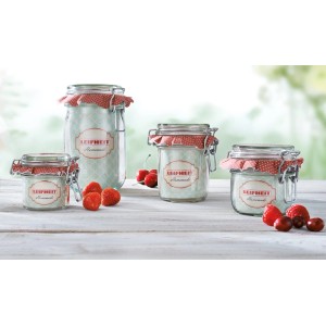 Leifheit Einmachgläser 135ml, Set mit Drahtbügelverschluss und rotem Stoffdeckel. Zum Einkochen und Aufbewahren.