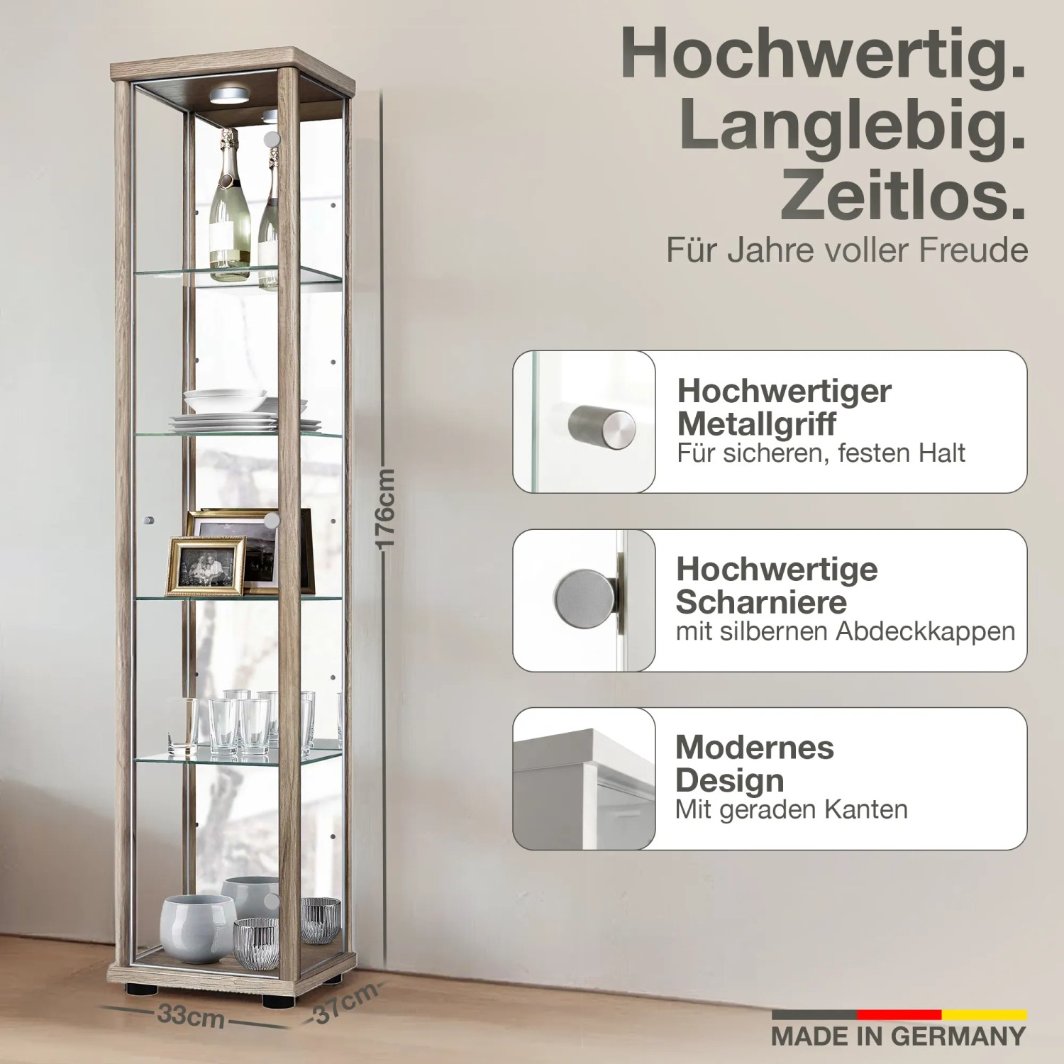 K-Möbel Glasvitrine Stehend 176x37x33 cm mit Spiegel LED & 4 Höhenverstellbaren Glasböden Schwarz kaufen bei OBI