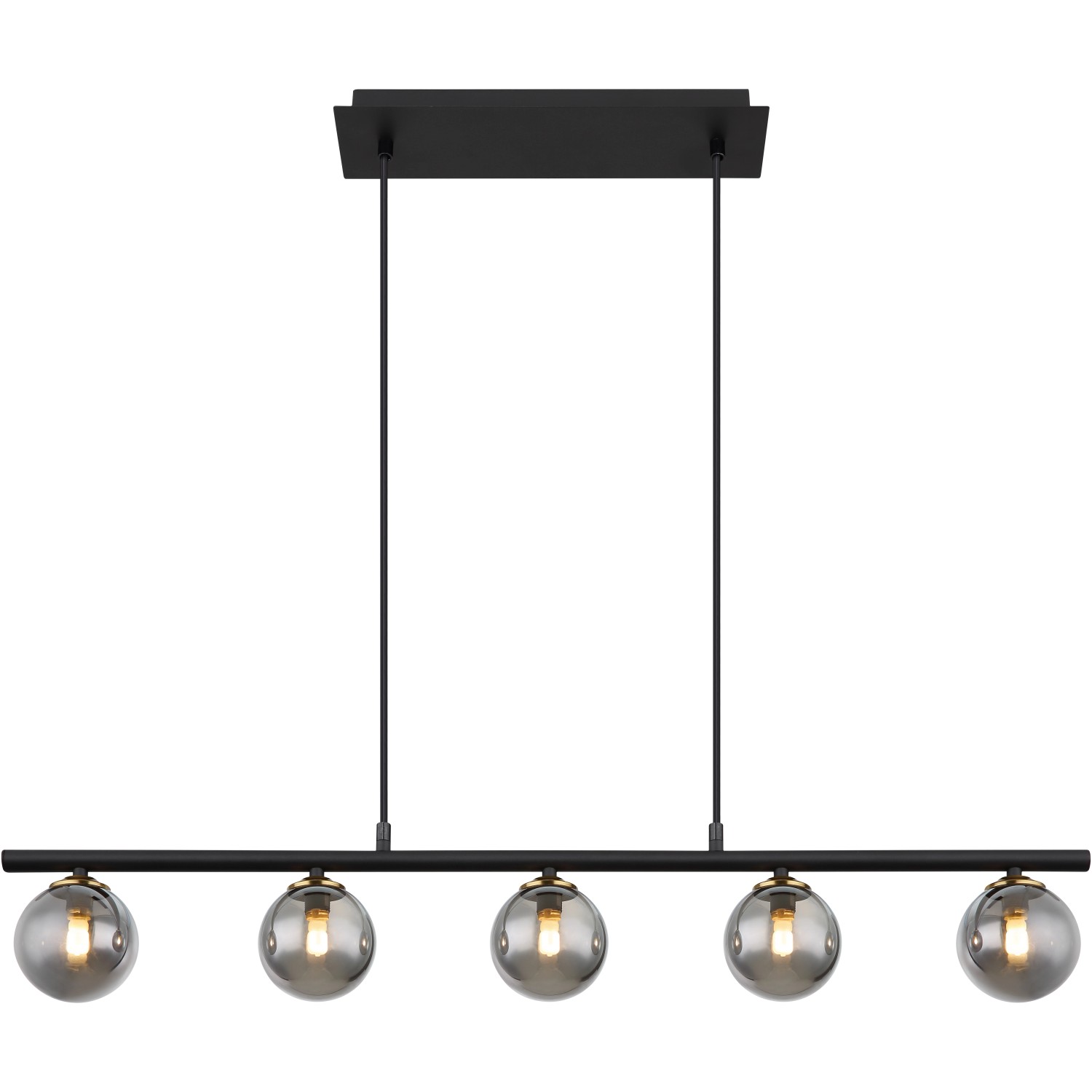 Globo Pendelleuchte Jorge, 5-flammig, schwarz matt mit Rauchglas-Schirmen.