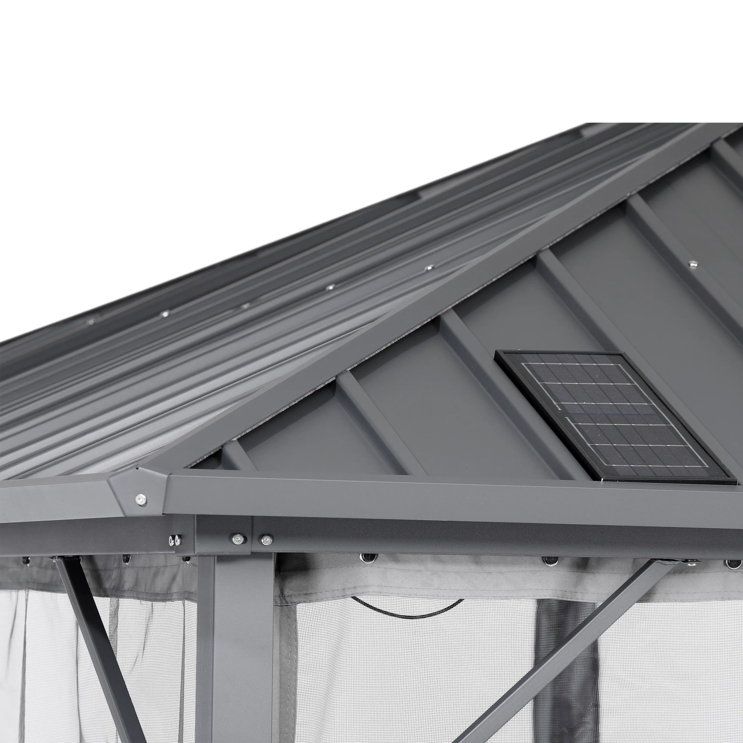 Detailaufnahme des Home Deluxe Pavillon Azur Dachs mit Solarpanel und Moskitonetz.
