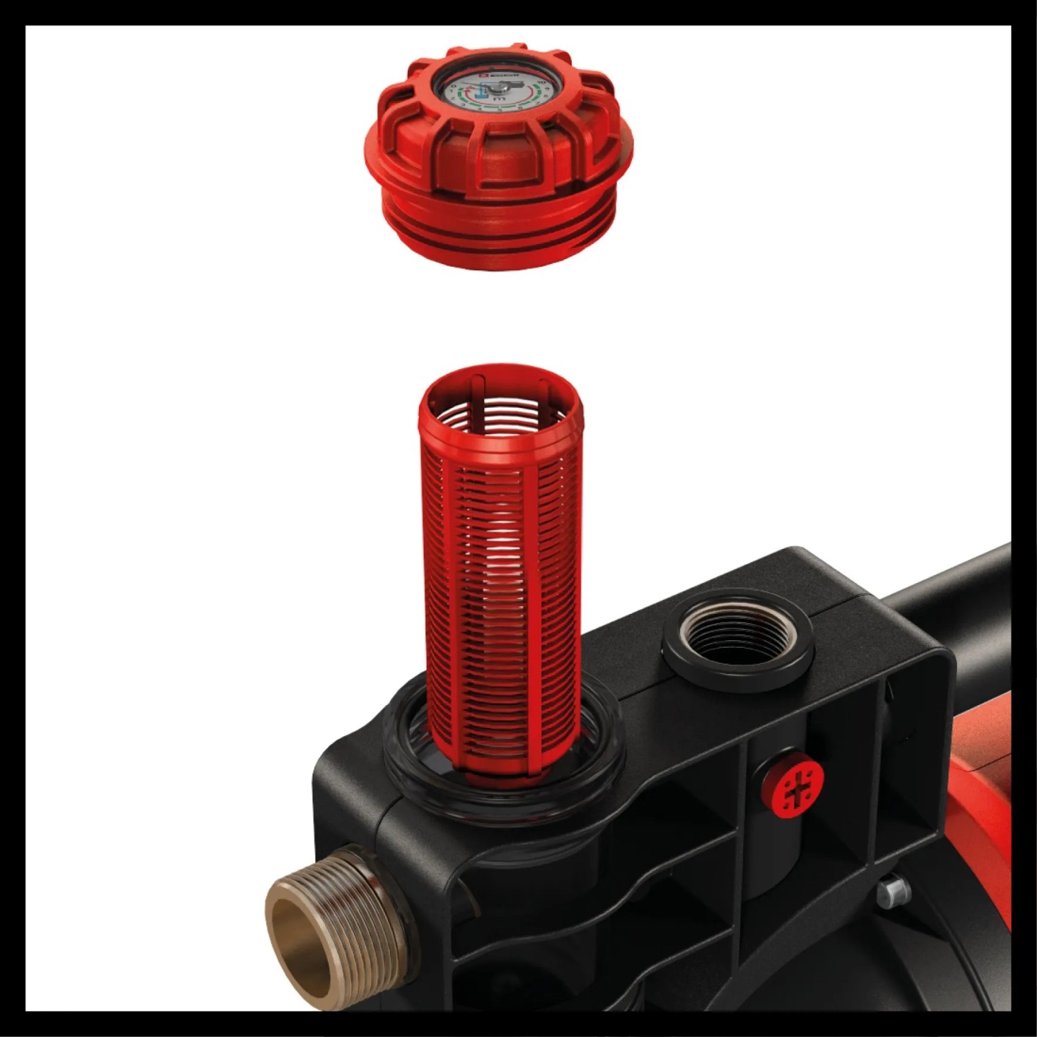 Detailaufnahme: Einhell GE-AW 1142 FS Hauswasserautomat mit Filter und Verschluss.