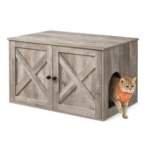 Feandrea Katzenklo-Schrank in Greige mit Katze, 80x53x50 cm. Stilvolles Katzenmöbel als Beistelltisch.