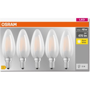 5er Set Osram LED-Leuchtmittel E14, Kerzenform, 4W, 470lm. Warmweißes Licht für Wohnräume.