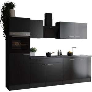 Schwarze Respekta Küchenzeile Oliver 280 cm mit E-Geräten und Arbeitsplatte in Granit Optik.