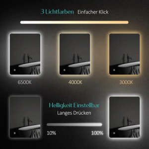 Emke LED Badspiegel: Dimmbare Lichtfarben (Kaltweiß, Neutralweiß, Warmweiß) und Helligkeit einstellbar per Touch.