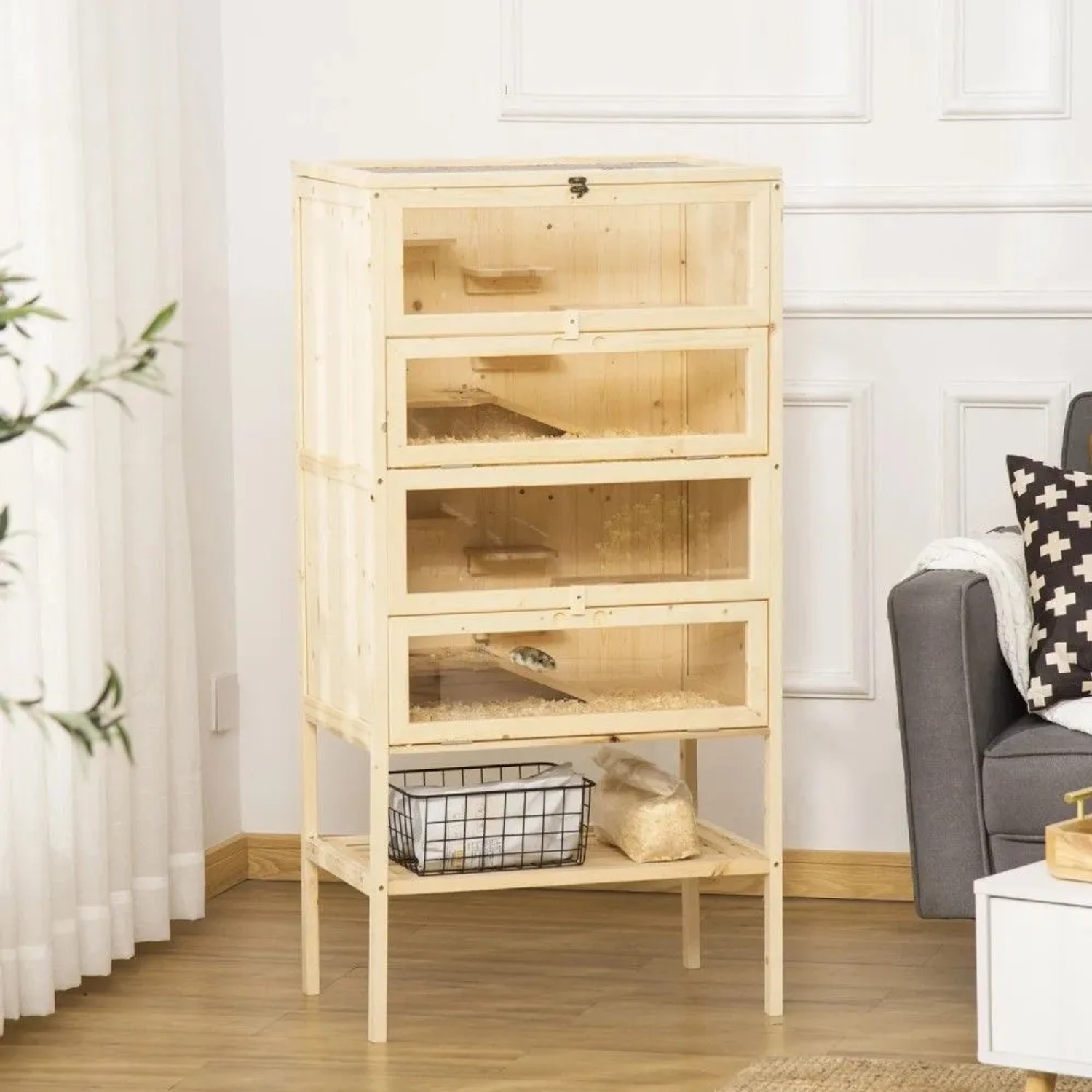 PawHut Kleintierkäfig aus Tannenholz mit 5 Etagen, Glasfront und Gitterdach. Ideal für Nager im Wohnbereich.