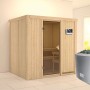 Karibu Sauna-Set Bjarne mit Ofen und Steuerung. Elementsauna aus Fichte mit Glastür und zwei Liegen.