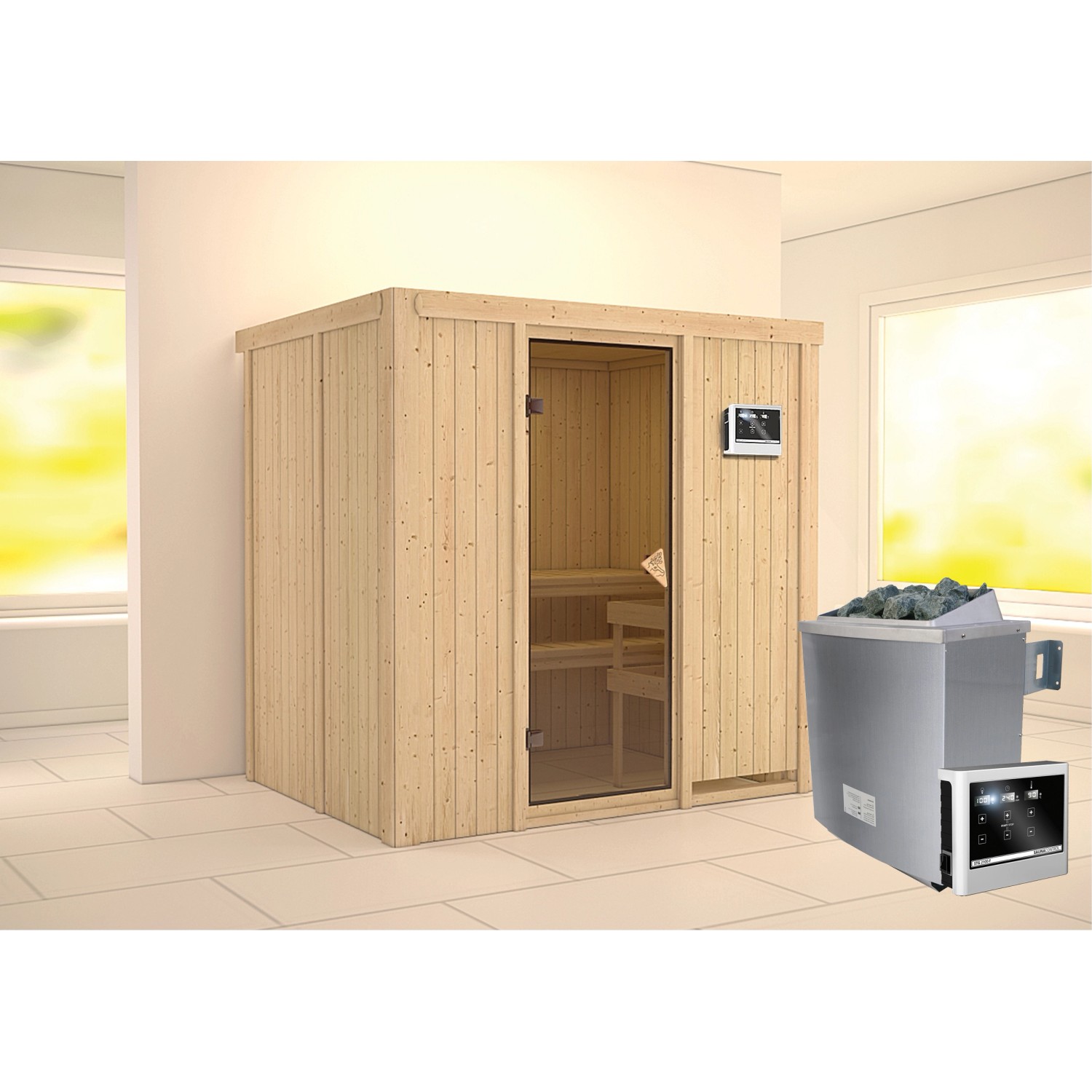 Karibu Sauna-Set Bjarne mit Ofen und Steuerung. Elementsauna aus Fichte mit Glastür und zwei Liegen.