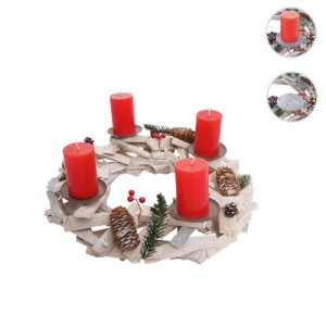 Weiß-grauer Adventskranz aus Holz (Ø 40cm) mit roten Kerzen und Deko.