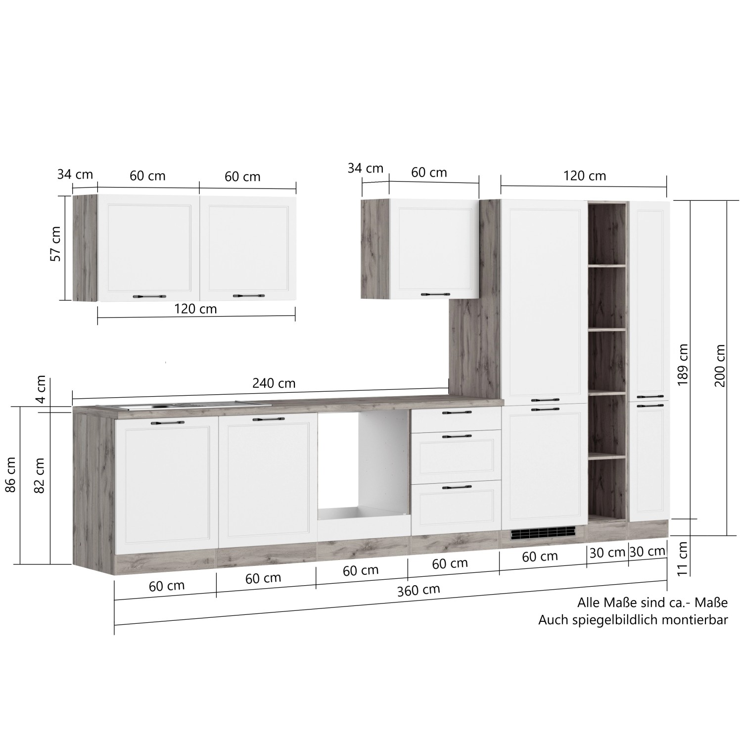 Held Küchenzeile Kempten 360 cm, Wotan/Weiß, ohne E-Geräte, mit Maßangaben.