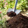 Schwarze LUX Frankfurter Schaufel mit Erdreich im Garten, Eschenstiel 130 cm.