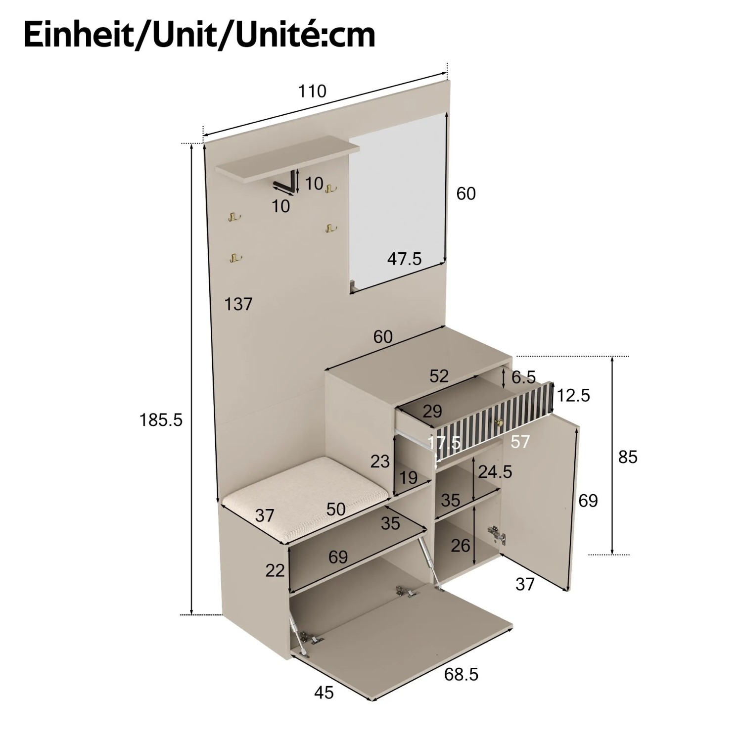 okwish Garderoben Set mit Spiegel Polsterkissen Flur 110x37x185cm Beige_5