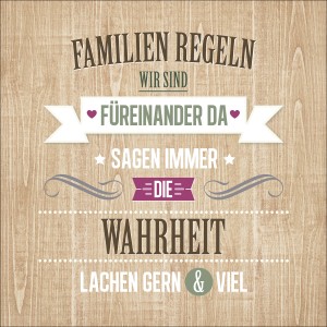 Pro-Art Glasbild mit dem Spruch "Familien Regeln" auf Holzoptik, 30x30 cm.
