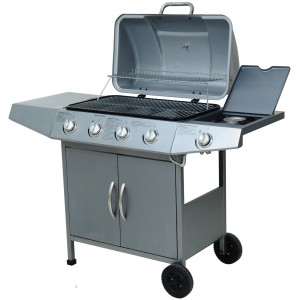 Silberner El Fuego Gasgrill Dayton mit 4 Brennern und Seitenbrenner. Grillwagen mit Ablagefläche und Thermometer.