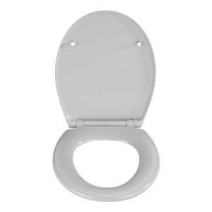 Wenko WC-Sitz Samos, Duroplast grau, mit geöffnetem Deckel.