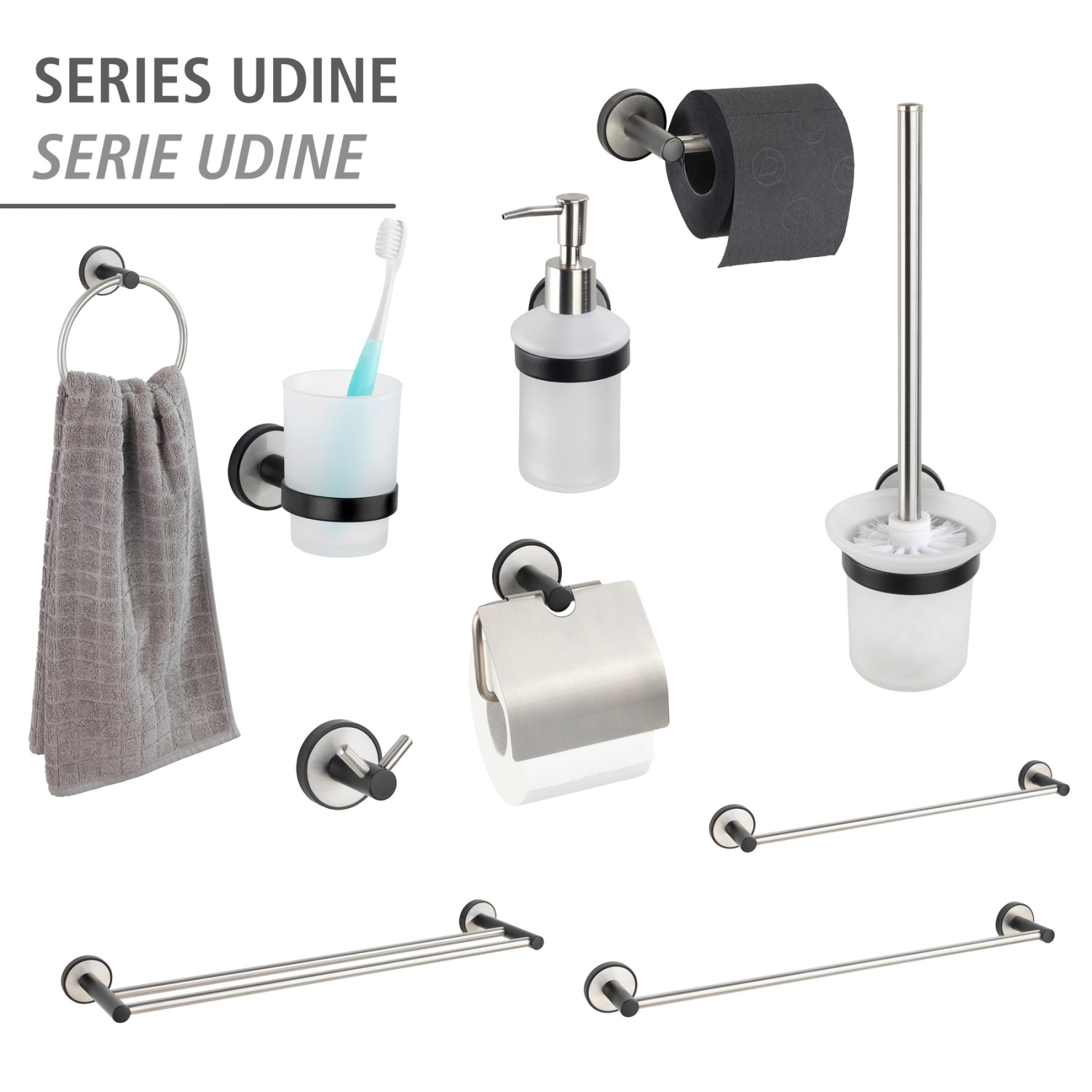 Wenko Bad-Serie Udine: Handtuchstange, WC-Garnitur, Seifenspender und mehr in Silber Matt.