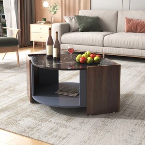 Eleganter Couchtisch mit schwarzer Marmorplatte und Walnuss-Optik. Moderner Wohnzimmertisch mit praktischer Ablage.