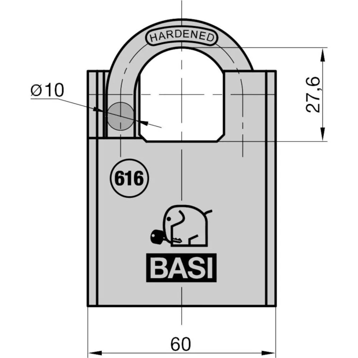 Technisches Diagramm Basi Vorhangschloss VHS 616 mit Bügelschutz, Maßen 60x27,6mm und gehärtetem Stahlbügel Ø10mm.