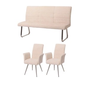 MCW Esszimmer-Set: 2 Stühle mit Armlehne, Sitzbank 160cm, Chenille Creme
