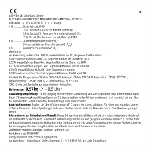 Etikett des GROW by OBI Orchideen-Düngers, 500 ml, mit Nährwertangaben und Anwendungshinweisen.