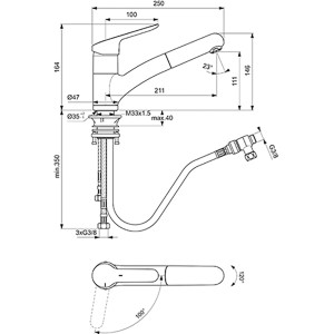 Technische Zeichnung: Ideal Standard Ceraflex Küchenarmatur Niederdruck mit Handbrause, Chrom, Maße und Anschlüsse.