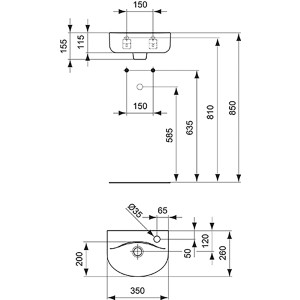 Technische Zeichnung: Ideal Standard Connect Handwaschbecken, 35 cm, Hahnloch rechts, Überlauf, Maße