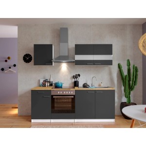 Respekta Küchenzeile KB210WGC, 210 cm, grau-weiße Einbauküche mit Holz-Arbeitsplatte und E-Geräten.