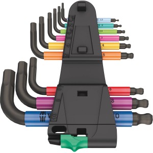 Wera Winkelschlüsselsatz, 9-teilig, metrisch, farbig, mit Halter für Innensechskantschrauben.