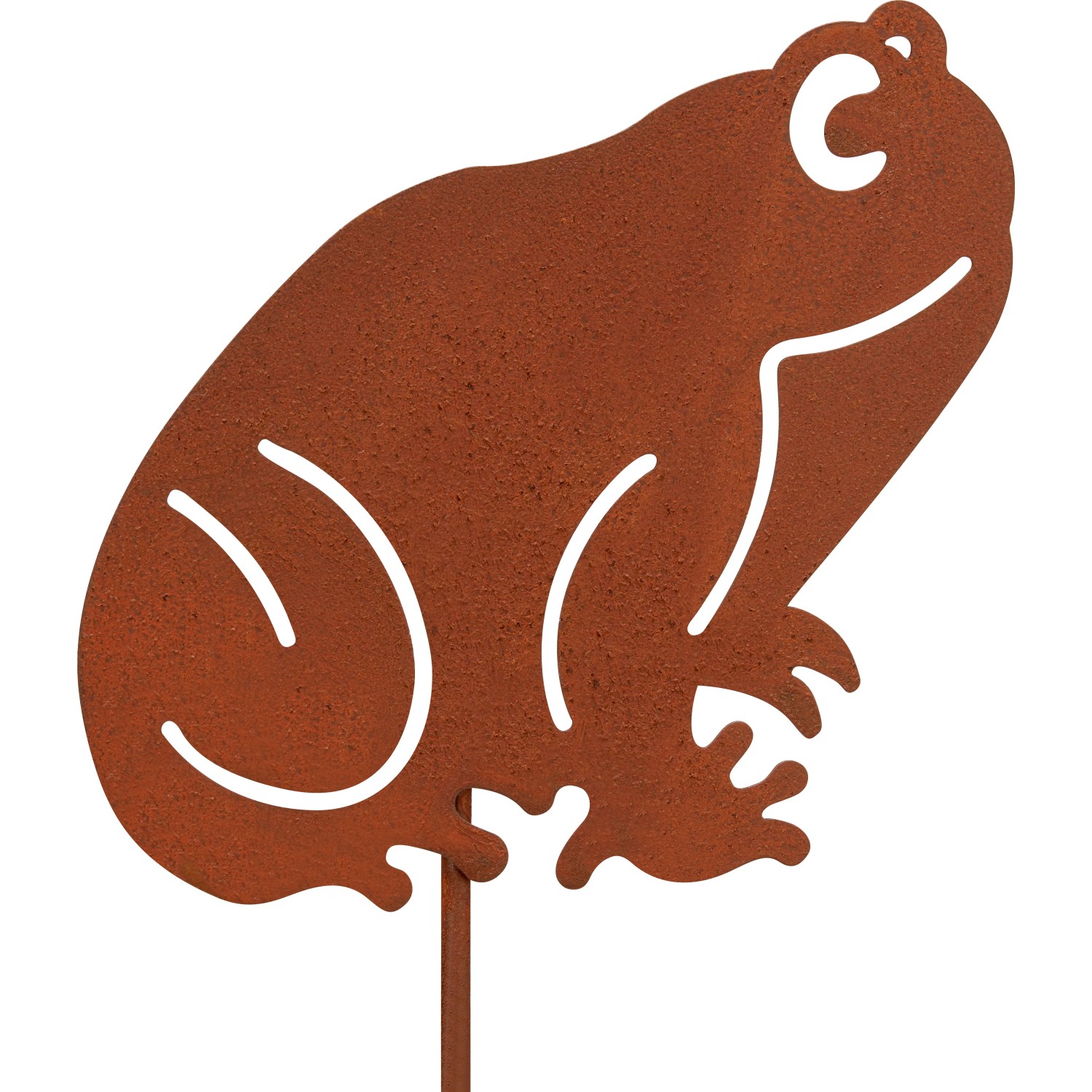 Rostfarbener Gartenstecker Frosch aus Eisen, 30cm hoch, als Dekoration für den Garten.