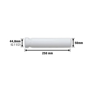 Weißes Verlängerungsrohr, 44,8 mm (G 1 1/2) x 50 mm x 250 mm, für Siphonverlängerung.