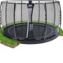 Schwarzes, rundes EXIT Dynamic Bodentrampolin (Ø 366 cm) mit Sicherheitsnetz.