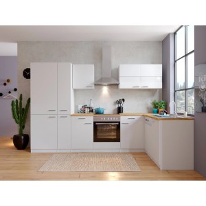 Respekta Winkelküche in Weiß und Nussbaumoptik mit E-Geräten und viel Stauraum.