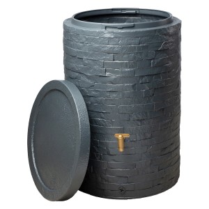 4rain Regenspeicher Arondo 250 l in Grau mit Steinoptik und abnehmbarem Deckel.