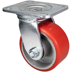 Wagner Schwerlast Lenkrolle, Gusseisen, 230kg, Ø100mm, mit rotem Polyurethan Rad.