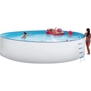 Steinbach Stahlwandpool-Set Nuovo mit Familie im Garten, Poolleiter und Badespaß.