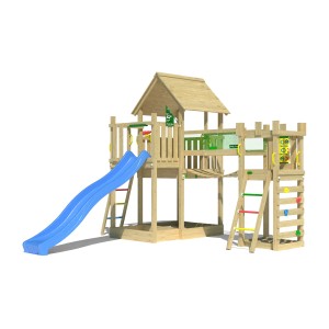 Jungle Gym Spielturm Lookout mit blauer Rutsche, Wackelbrücke und Kletterrampe aus Holz.