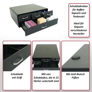 Schwarze Schubladenbox für Kaffeekapseln und Teebeutel mit vier Schubladen und 15 Fächern.