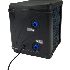 Schwarze EXIT Pool Wärmepumpe für Pools bis 15 m³ mit Anschlüssen und Stromkabel.