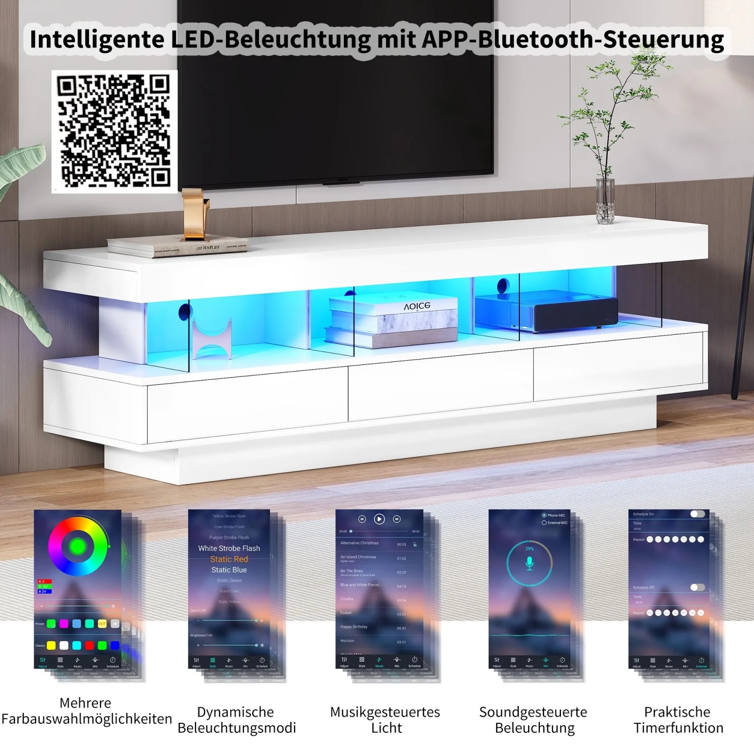 okwish TV Schrank LED Hochglanz Glas App Steuerung Wohnzimmer 70 Zoll 160x38x50cm Weiß_6