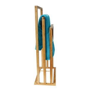 MSV Handtuchständer aus Bambus mit 3 Stangen und blauem Handtuch.