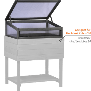 Dobar Frühbeetaufsatz Magic Kubus 2.0, anthrazit, für Holz-Hochbeet Kubus, mit geöffnetem Deckel.