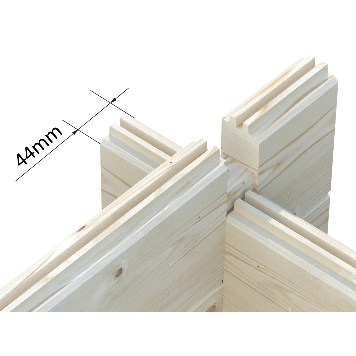 Detailaufnahme Blockbohlen-Eckverbindung (44mm) Palmako Gartenhaus Lisa.